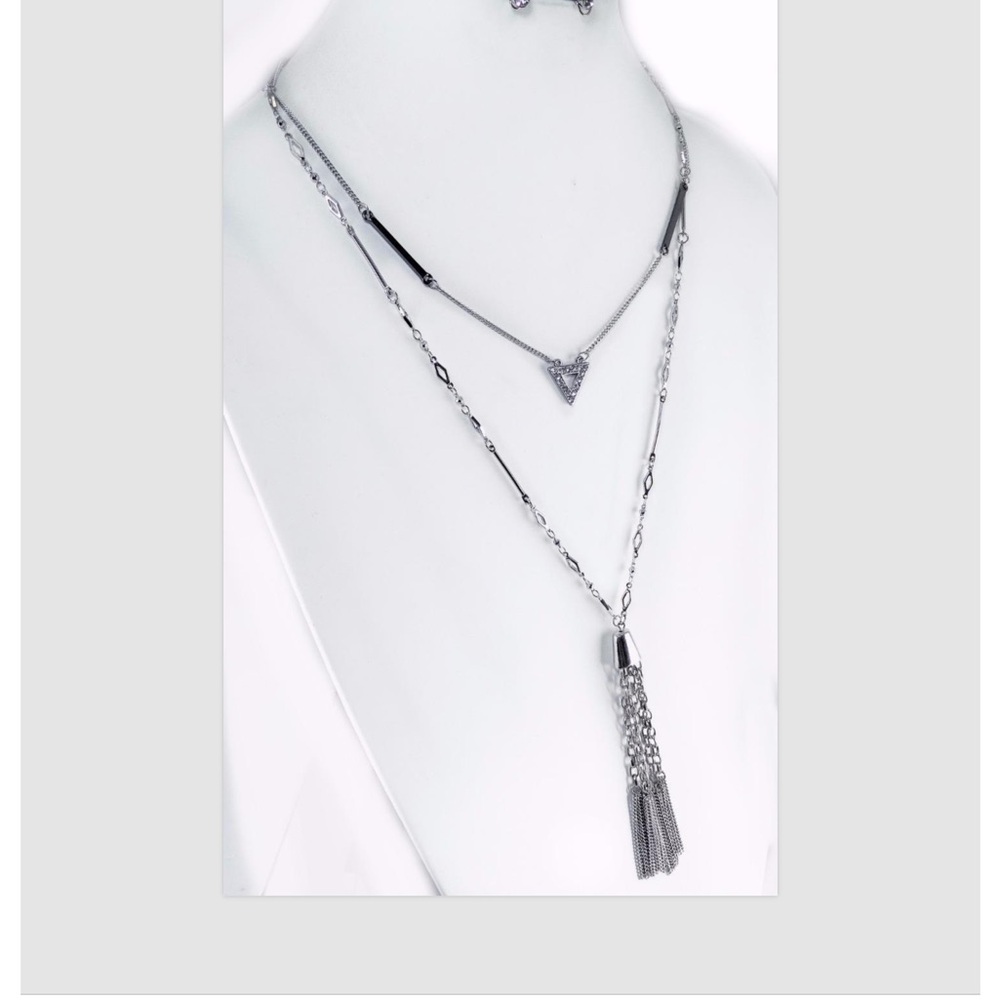 Silver Crystal Layered Chain Necklace Earrings Tassel Pendant Unique Jewelry Set